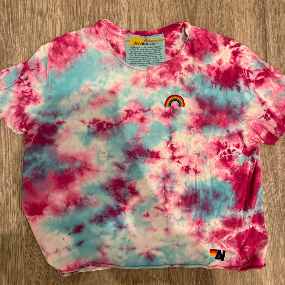 Aviator Nation Pink and Blue Tie-Dye Tee with Rainbow